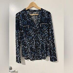 INC International Concepts Black and Blue Graphic Long Sleeve Blouse